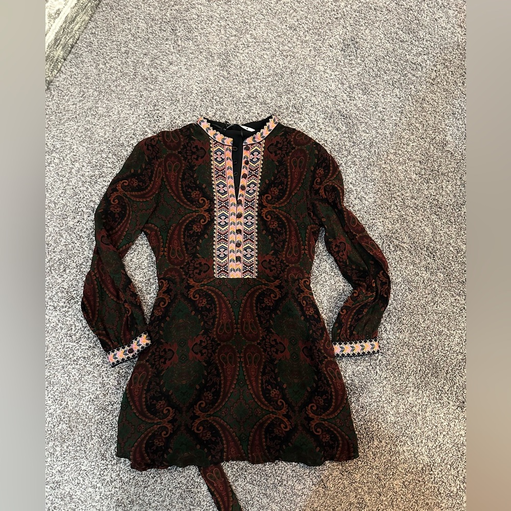 Zara | boho paisley print mini dress with waist tie